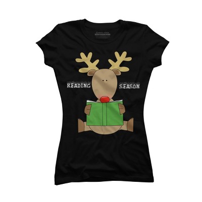 Junior's Design By Humans Christmas Reading Reindeer Shirt By Galvanized T-Shirt