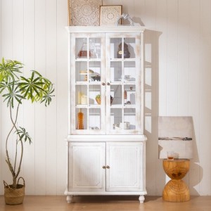 TiramisuBest 74.5''H Ash Wood Grain Display Cabinet with Glass Doors, Adjustable Shelves & Storage,Mid-Century Modern,Black - 1 of 4