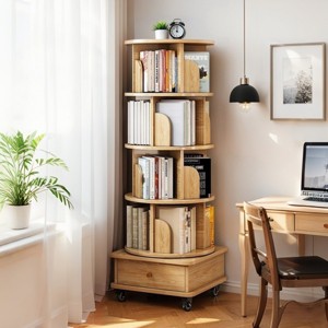 5-Tier Rotating Wooden Bookshelf with Drawer and Wheels,360° Small Space Rotating Bookshelf Tower for Living Room or Bedroom-Baofuwish - 1 of 4
