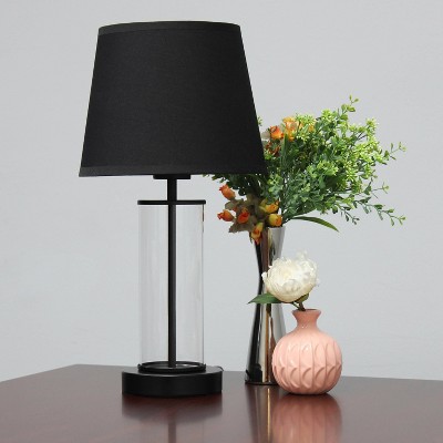 Black Metal and Clear Glass Table Lamp with Fabric Shade
