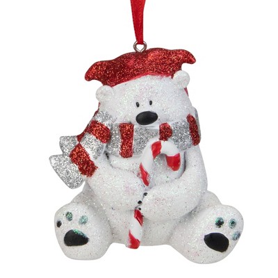 Kurt S. Adler 3.5" Red and White Glitter Polar Bear with a Candy Cane Christmas Ornament