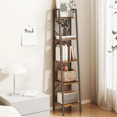 Ladder Shelf, Bookshelf Bookcase, Freestanding Corner Storage Shelve with 2 Hooks