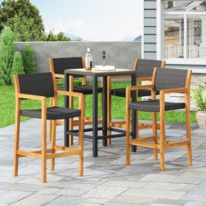 GDFStudio Eliani Outdoor Acacia Wood and Wicker 30 Inch Barstools (Set of 4), Teak/Black - 1 of 4