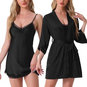 cheibear Women's Satin Robe with Belt and V-neck Lace Trim Nightshirt 2-piece Pajamas - 1 of 4