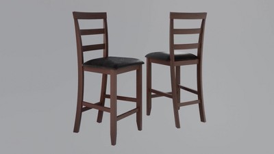 Walnut Wood & Black Leather Transitional Counter Stools, Set of 2
