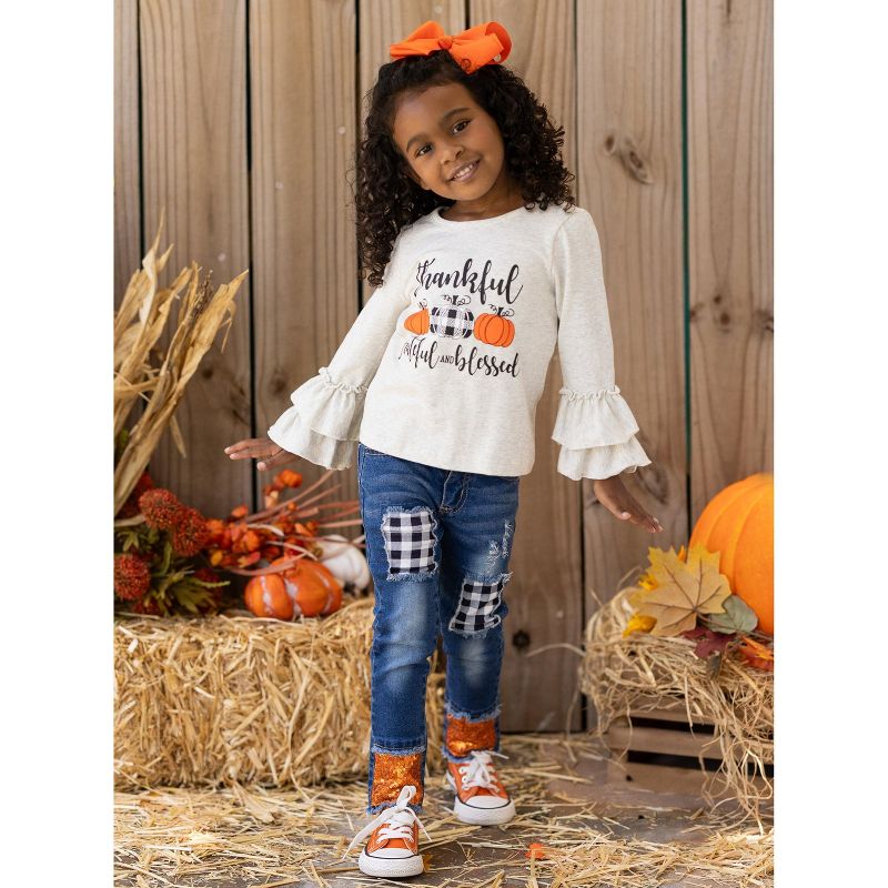 Girls Thankful, Grateful, and Blessed Sequin Patched Jeans Set - Mia Belle Girls, 4 of 8