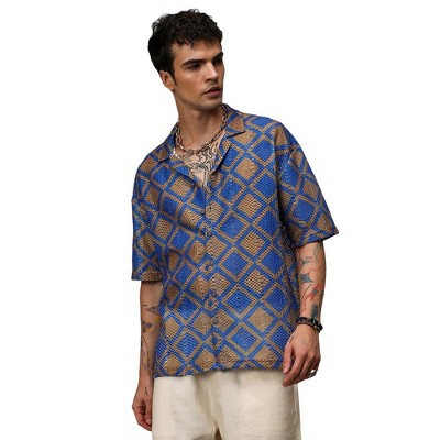 Campus Sutra Men Men's Royal Blue & Mocha Brown Geometric Block Oversized Shirt