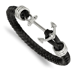 Black Bow Jewelry Stainless Steel Black Braided Leather Anchor Toggle Bracelet, 8.5 Inch - 1 of 2