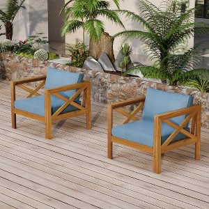 Lyngins 2-Pack Club Outdoor Accent Chairs, Teak-Finish Acacia Wood Armchair with Cushions, Patio Accent Chair, Outdoor Single Sofa Chair for Patio - 1 of 4