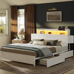 WOWLIVE Full Platform Bed Frame with LED Headboard & Storage Drawers, Storage Bed Frame with Charging Station, Wood Headboard with Metal Slats, White - 1 of 4