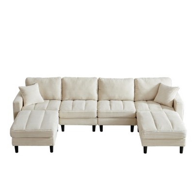 NicBex 122.5 Inch U-Shaped Corduroy Sectional Sofa with 2 Ottomans and 2 Pillows for Living Room,Bedroom,Beige