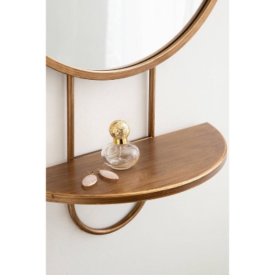 Gold Round Mirror with Wood Shelf, 19" x 33"