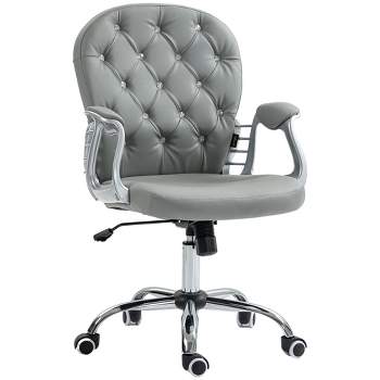 Vinsetto Vanity PU Leather Mid Back Office Chair Swivel Tufted Backrest Task Chair with Padded Armrests, Adjustable Height, Rolling Wheels, Gray