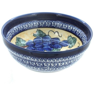 Blue Rose Polish Pottery Grapes Cereal/Soup Bowl w/ Cobalt Rim