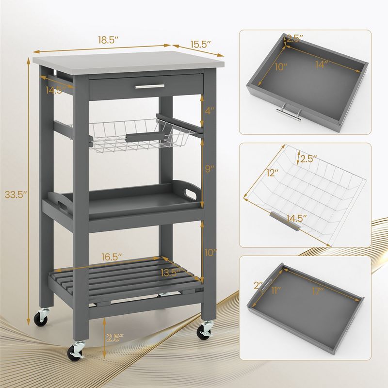 Costway Compact Kitchen Island Cart Rolling Service Trolley with Stainless Steel Top Basket, 2 of 11
