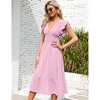 Women's Summer V Neck Short Sleeve Dress High Waist A line Dress Flowy Ruffle Shirred Swing Midi Dresses - 3 of 4