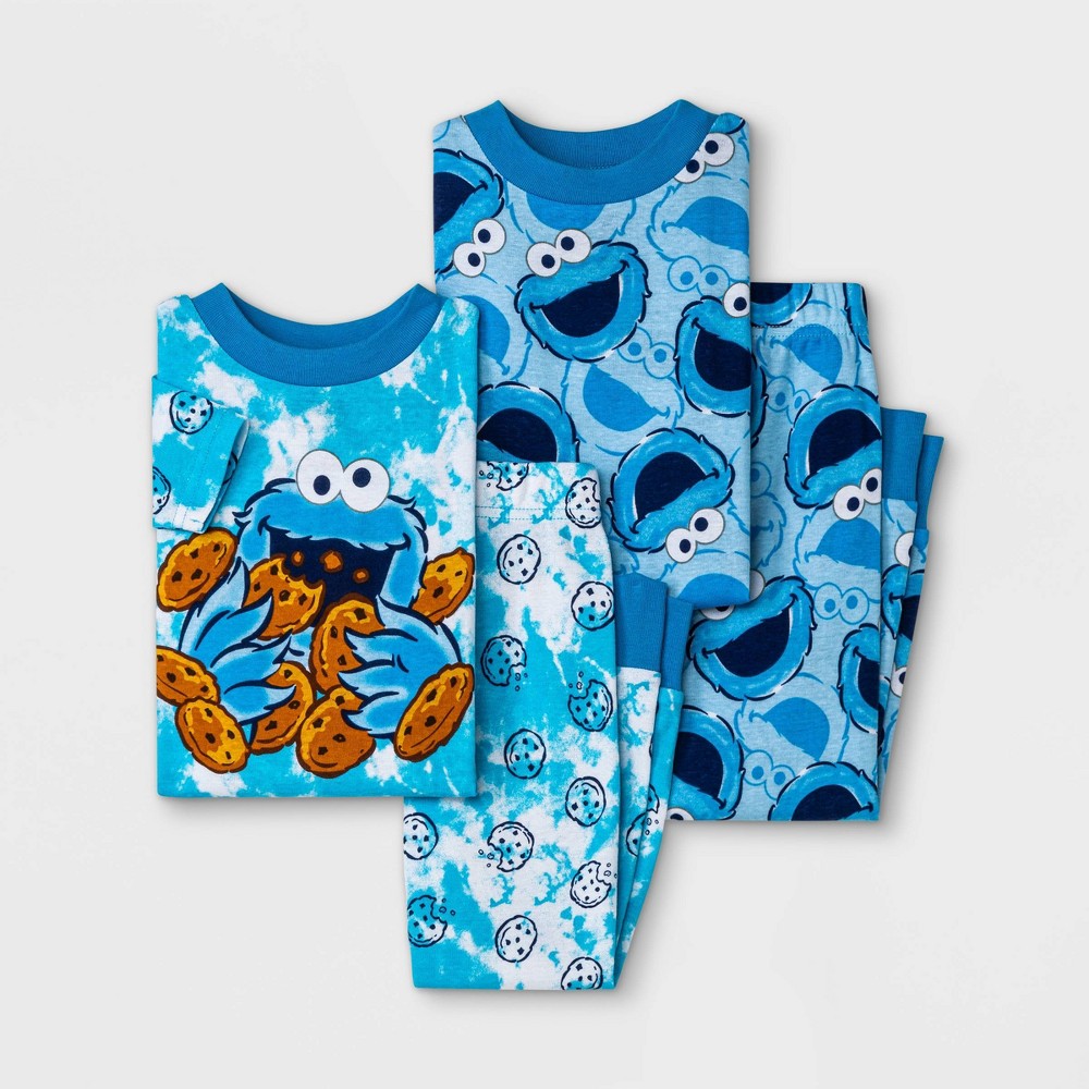 Size 2T Toddler Boys' 4pc Sesame Street Cookie Monster Short Sleeve Snug Fit Top and Pants Pajama Set - Blue 2T