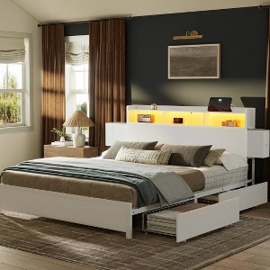 WOWLIVE Queen Platform Bed Frame with LED Headboard & Storage Drawers, Storage Bed Frame with Charging Station, Wood Headboard with Metal Slats, White - 1 of 4