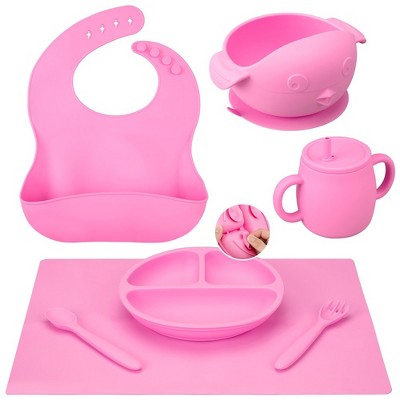 Image of WhizMax Silicone Baby Feeding Set, 7 Pcs Baby Led Weaning Supplies Self Feeding Utensils,Bib Spoon Bowl Placemat, Pink