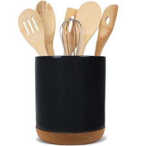 Elanze Designs Glossy X-Large Ceramic Stoneware Cork Bottom Kitchen Utensil Holder, Black - 1 of 4