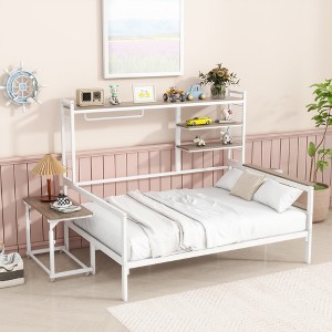 ALEXOUN Metal Bed with Movable Desk,Metal Day Bed Frame with Metal Grid & Clothes Hanger,Space Saving,No Box Spring Needed - 1 of 4