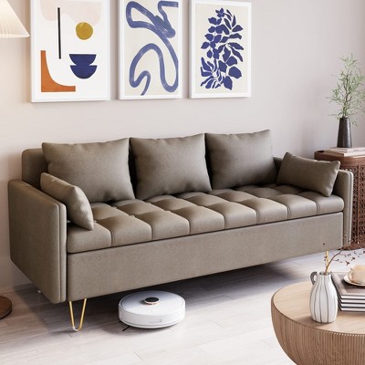 63.8" Modern 3-Seat Sofa Couch with Storage Under Seat Cushion, Comfy Leather Fabric, with 5 Pillows,Memory Foam, for Living Room, Bedroom, Apartment