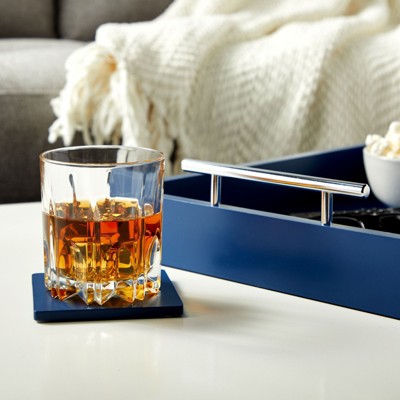 Blue Wooden Serving Tray with Gold and Silver Handles and Coasters