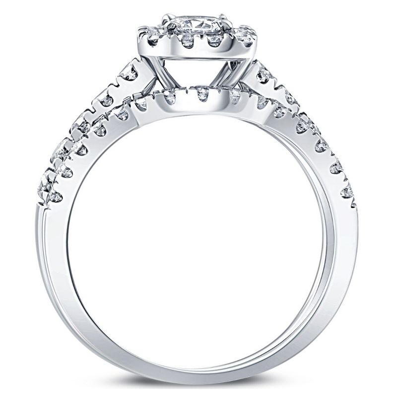 Pompeii3 1 1/4Ct Cushion Halo Diamond Engagement Matching Wedding Ring Set 14K White Gold, 3 of 6