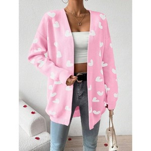 Heart Cardigan Sweater for Women Oversized Valentine Cardigan Cute Love Print Open Front Knit Sweaters Coat with Pockets - 1 of 4