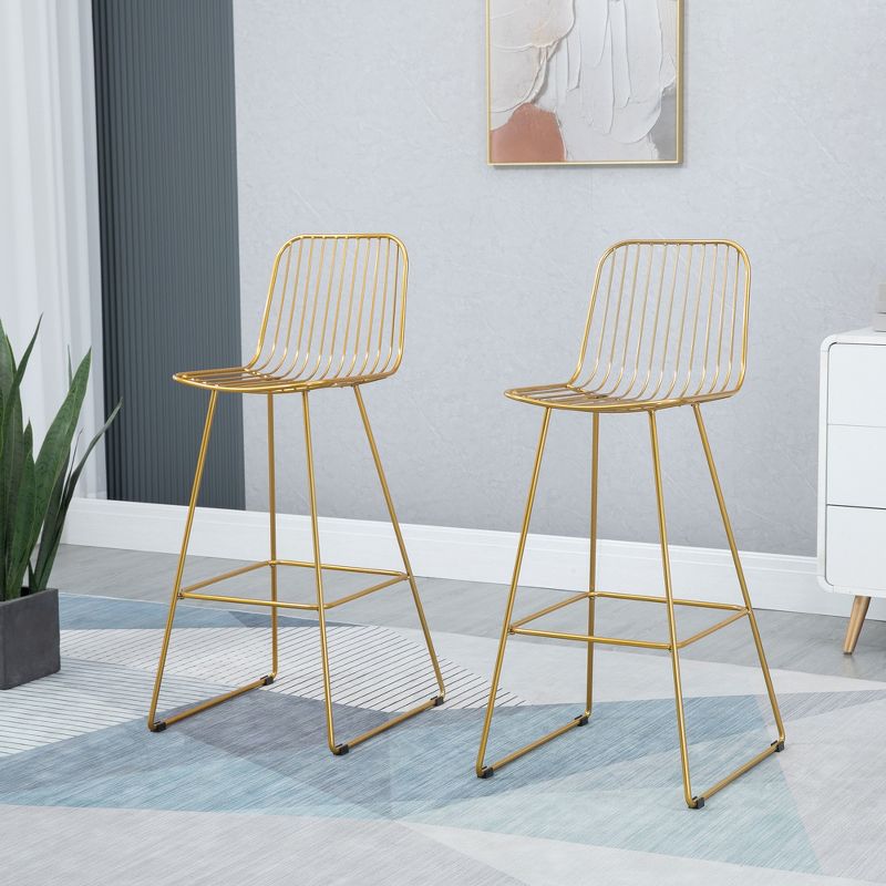 HOMCOM Modern Bar Stools, Metal Wire Bar Height Barstools, 30" Seat Height Bar Chairs for Kitchen with Back and Footrest, Set of 4, Gold, 2 of 7