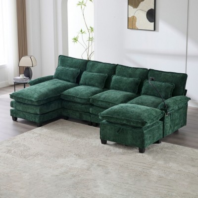 106" Chenille Modular Sectional Sofa with Chaise Lounge and Ottoman, U-Shaped Sleeper Cloud Couch for Living Room or Apartment–The Pop Home