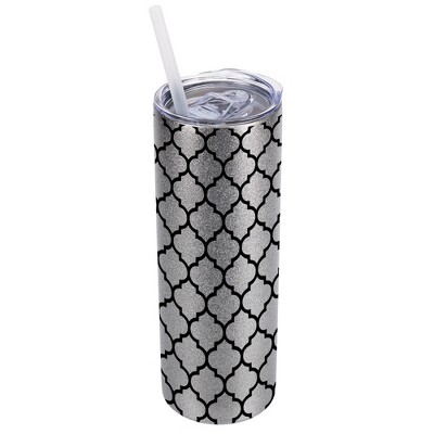Elanze Designs Silvertone Sparkle 20 Ounce Double Wall Stainless Steel Glitter Travel Tumbler With Sliding Lid And Straw, Moroccan Pattern