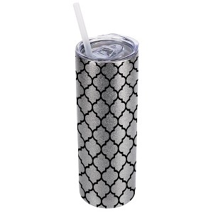 Elanze Designs Silvertone Sparkle 20 Ounce Double Wall Stainless Steel Glitter Travel Tumbler With Sliding Lid And Straw, Moroccan Pattern - 1 of 4