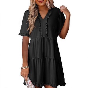 Coolmee Women's V Neck Short Sleeve Tiered Ruffle Mini Skater Dress Casual  Summer Swing Tunic Dress Black L : Target