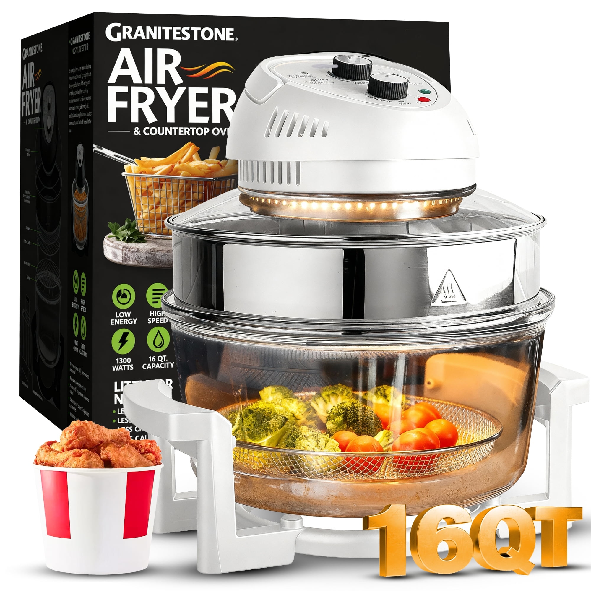 Granitestone 16Qt Large Glass Air Fryer Non Toxic Family Sized White Big Halogen Oven Cooker