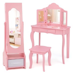 Costway Kids Vanity Set Princess Makeup Dressing Table & Chair Set with Jewelry Armoire White/Pink - 1 of 4