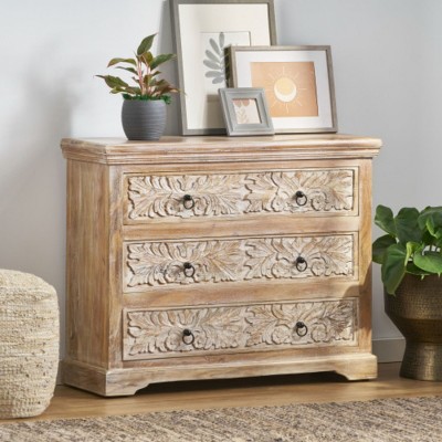 Boho Wood 3 Drawer Dresser with Classic Ring Handles, Compact Storage Cabinet for Small Spaces, Bedroom, or Living Room-The Pop Home