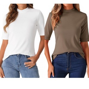 INSPIRE CHIC Women's Half Sleeve Casual Turtleneck Solid Elastic Soft T-Shirts 2 Packs - 1 of 4