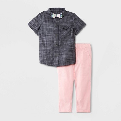 Toddler Boys' 2pc Chambray Woven Short Sleeve Button-Down Shirt and Chino Pants Set with Bowtie - Cat & Jack™ Blue/Pink 18M