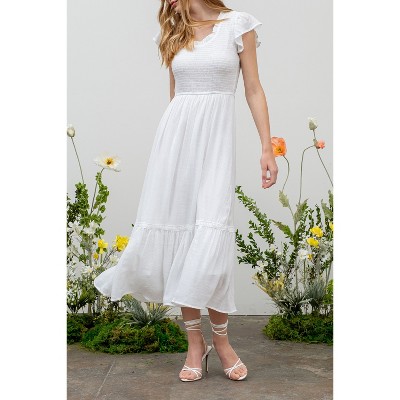 Женские платья August Sky Short Sleeve Smocked Midi Dress (White L) — фото 3
