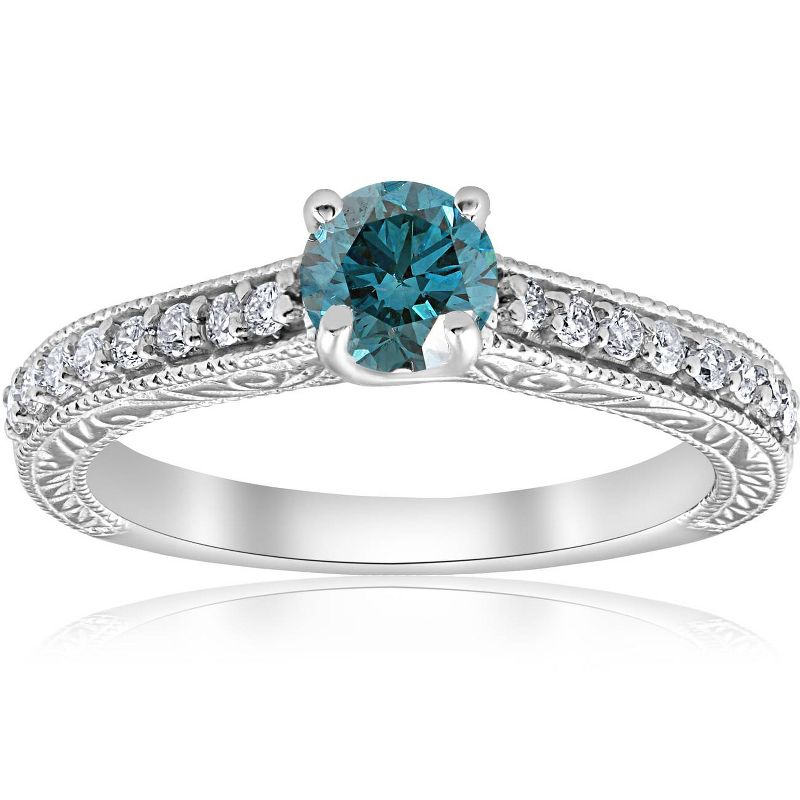 Pompeii3 3/4ct Blue & White Diamond Vintage Engagement Ring 14K White Gold, 1 of 6