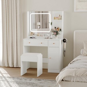 Makeup Vanity Desk with LED Lights, Mirror & Power Outlet, Vanity Table Set with Storage Drawers, Shelves, Cabinet & Chair - 1 of 4