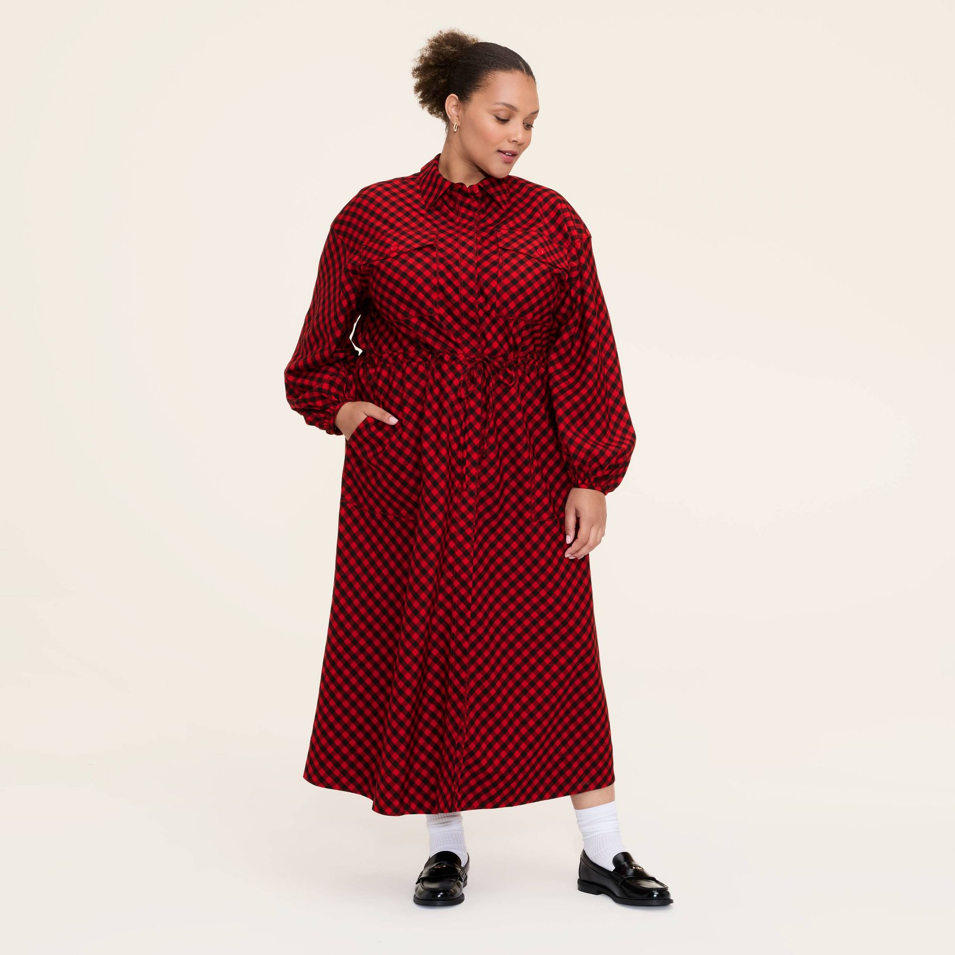 Women's Buffalo Check Long Sleeve Utility Midi Shirt Dress - Woolrich x Target Red/Black 4X
