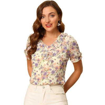INSPIRE CHIC Women's Ruffle V Neck Puff Short Sleeve Floral Blouse