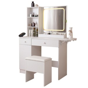 TopComfy Makeup Mirrors Vanity Desk with Mirror Makeup Vanity Desk with Drawers and Cabinet Storage Stool for Bedroom, White, 39.13"*25"*7" - 1 of 4