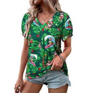 Nlife Womens Puff Short Sleeve Hawaiian Shirts Floral Tropic Printed Pleated V Neck Summer Casual T-Shirt Trendy Boho Blouses Tops - 1 of 4