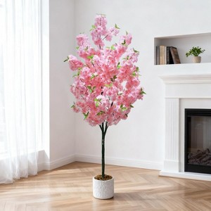 Artificial Cherry Tree with Pink Flowers in a White Pot -180 cm- Made of PVC and Textile Fiber-For Indoor and Outdoor Use-Decoration for Home, Office - 1 of 4