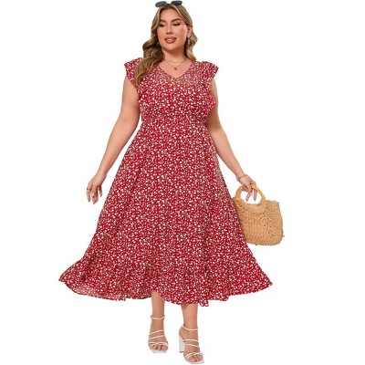 Clearlove Women's Summer Plus Size Dress Ruffle Cap Sleeveless V Neck Side Split Long Beach Maxi Dress