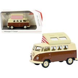 Volkswagen T1 Camper Bus with Pop-Top Roof Brown and Cream 1/64 Diecast Model by Schuco - 1 of 3