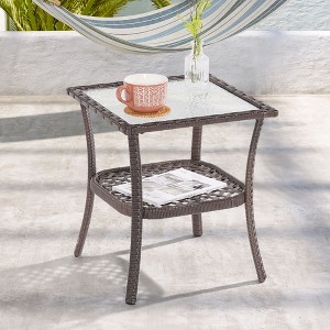 Sonkuki Patio Square PE Rattan with Tempered Glass Side Table Brown - 1 of 4